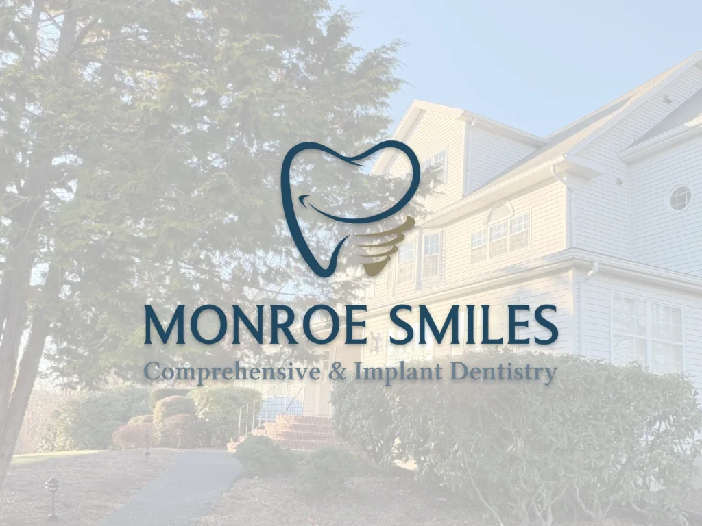 Photo of Monroe Smiles dental office overlayed with their logo | Privately-Owned Dentist in Monroe, CT